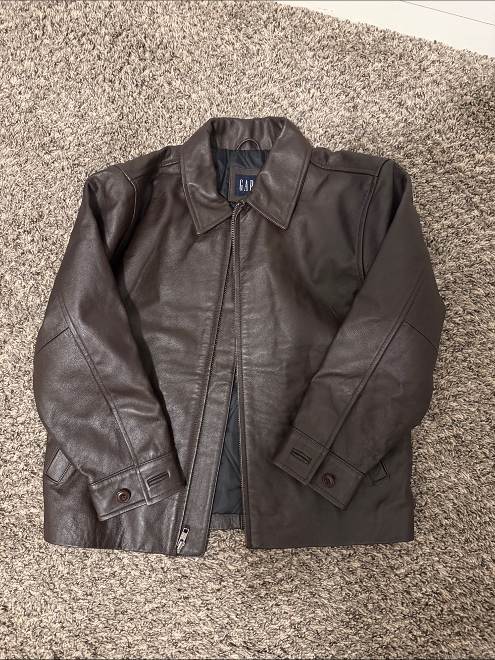 GAP Womenโs Brown Leather Bomber Jacket - Dark Brown